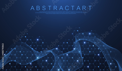 Technology abstract lines and dots connect background with hexagons. Hexagons connection digital data and big data concept. Hex digital data visualization. Vector illustration