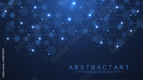 Technology abstract lines and dots connect background with hexagons. Hexagons connection digital data and big data concept. Hex digital data visualization. Vector illustration