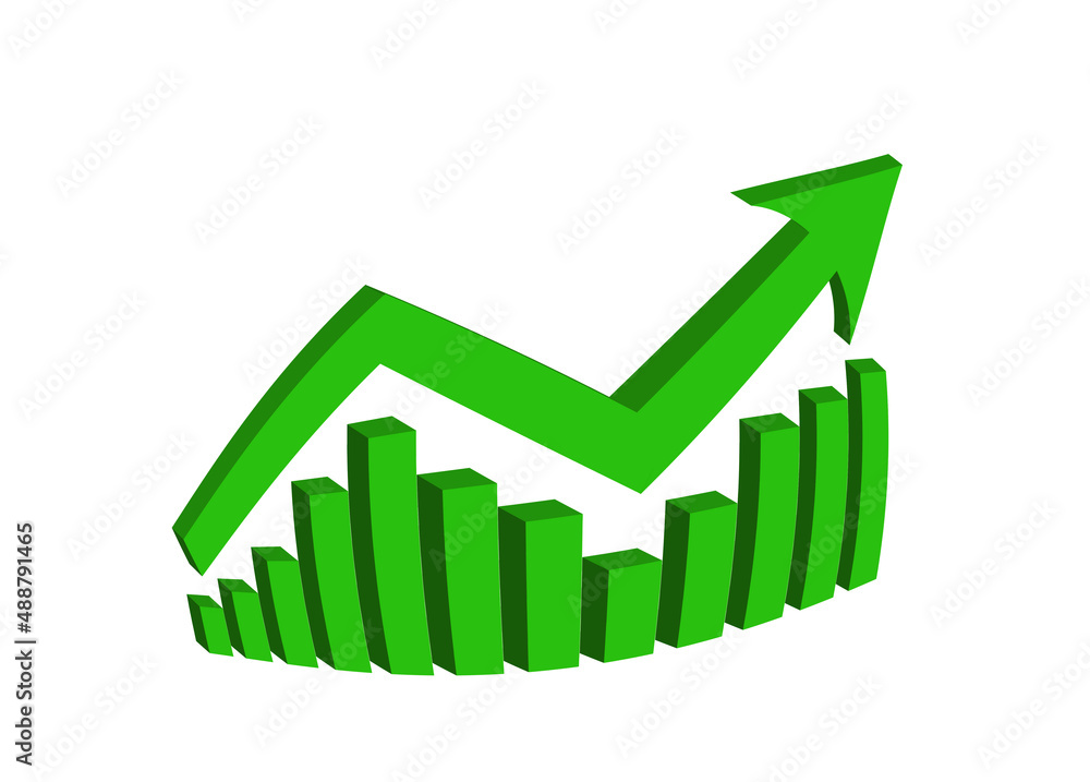 Green growing up 3d arrow sign isolated on white background. Bar charts and graphs. Inflation concept. Finance and Economy improving. Graphic statistics. Economic development. Banking and insurance. Green growing up 3d arrow sign isolated on white background. Bar charts and graphs. Inflation concept. Finance and Economy improving. Graphic statistics. Economic development. Banking and insurance.