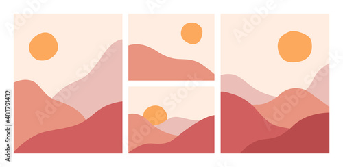 Abstract landscapes collection. Mountains, sun, moon, sunset, desert, hills minimalist design
