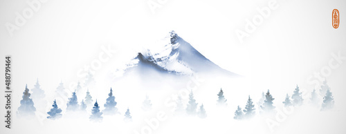 Landscape with blue mountains and fir trees. Traditional Japanese ink wash painting sumi-e