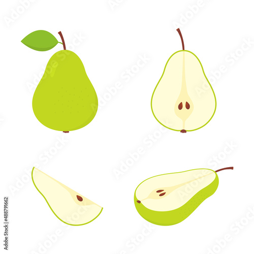 Cute green pear set. Slice, whole and half fruit group. Flat fresh sliced pears collection. Vector isolated on white.
