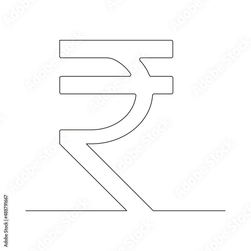 Rupee one line drawing symbol. Indian currency linear symbol. Vector isolated on white.