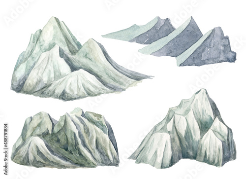 Watercolor mountains set. Hand drawn high snowy peaks isolated on white background. Foggy winter landscape. Nature design for hiking, travel, printing, invitations, cards, decor.