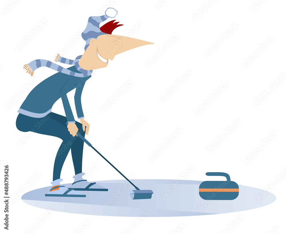 Smiling young man plays curling isolated illustration. Young man with a curling brush and a stone isolated on white