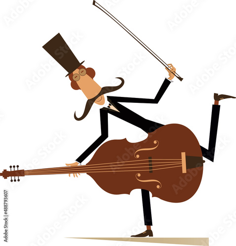 Cartoon long mustache cellist isolated illustration. Smiling mustache man in the top hat with cello and fiddlestick. Isolated on white illustration