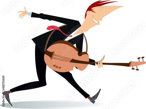 Cartoon guitar player illustration isolated. 
Smiling man playing guitar isolated on white
