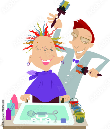 Hairdresser paints hair of the woman illustration. 
Funny cartoon hairdresser makes to woman a colored stylish haircut isolated on white background
