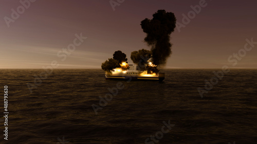 Grimaldi lines, Euroferry Olimpia ferry, fire on the ferry on the route from Greece to Italy. Boat in the middle of the sea. 3d rendering
