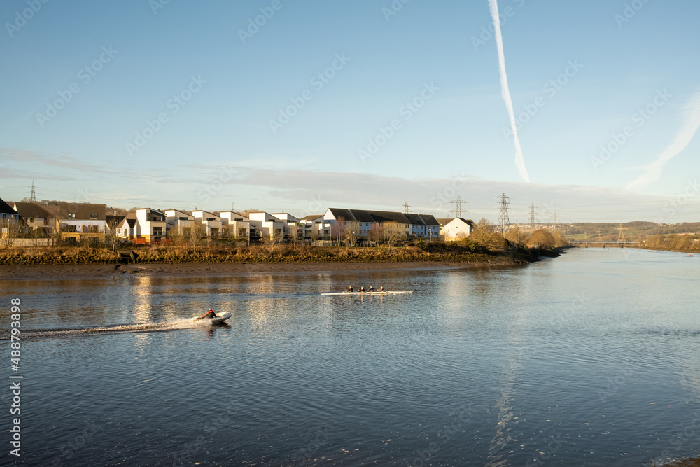 Blaydon on Tyne UK: 30th Jan 2022: Rowers on the River Tyne on a early sunday morning. Rowing water sport exercise Blaydon on Tyne UK: 30th Jan 2022: Rowers on the River Tyne on a early sunday morning. Rowing water sport exercise