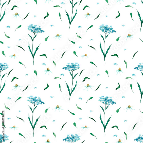 Watercolor hand-painted floral seamless pattern with wild flowers