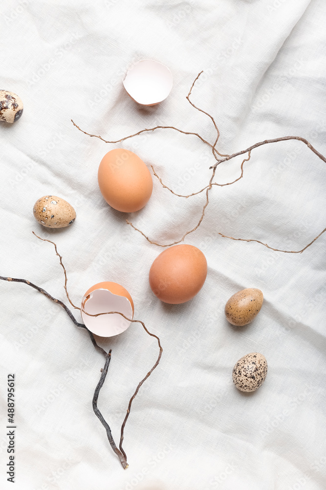 Easter eggs and tree branches on light fabric background Easter eggs and tree branches on light fabric background
