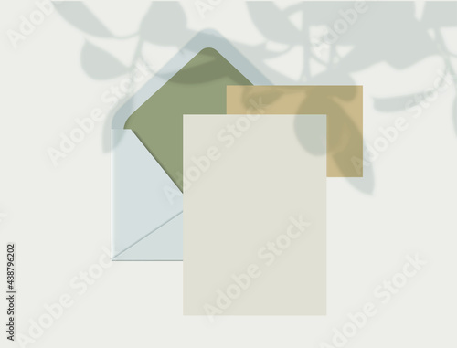 paper mock up stationery top down view. template design placeholder for greeting card, wedding invitations and buisness branding material presentation. all vector realistic mockup