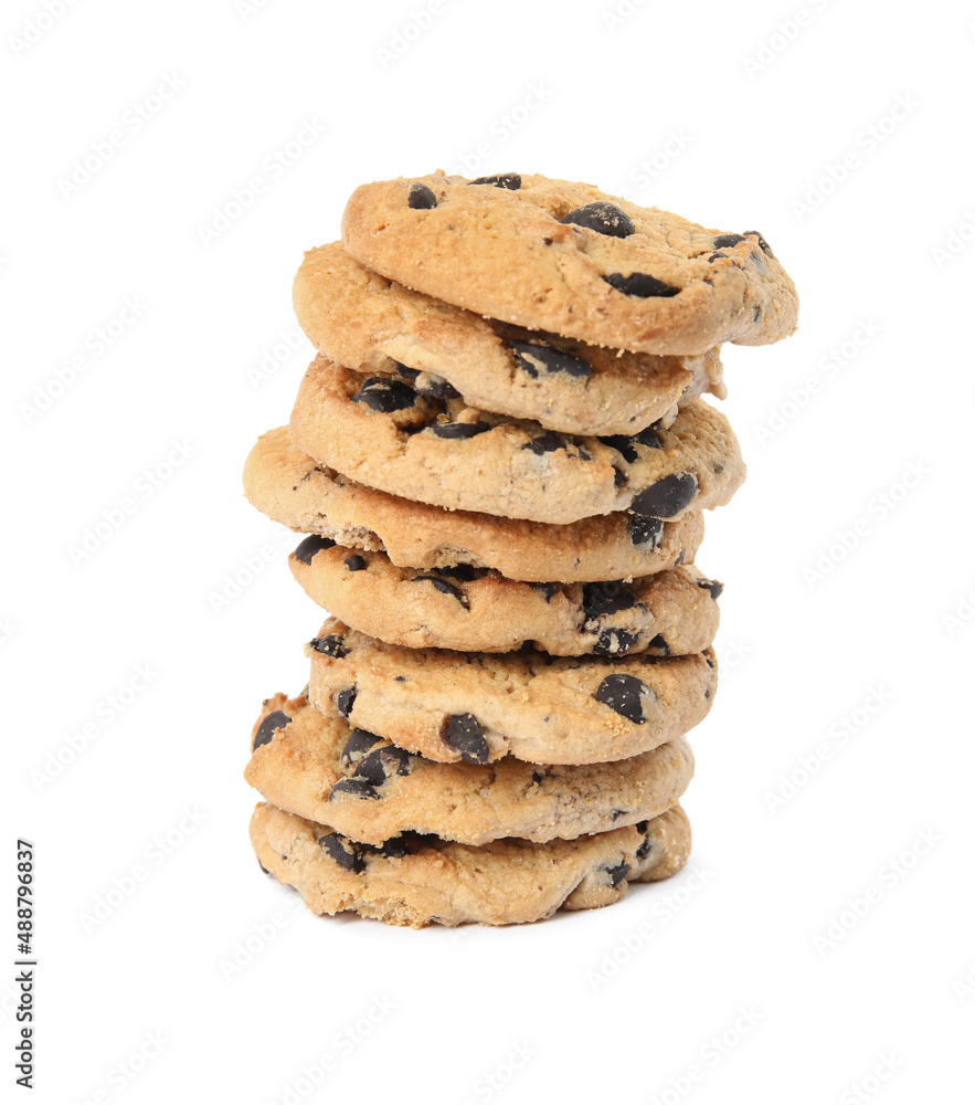 Stack of delicious chocolate chip cookies on white background Stack of delicious chocolate chip cookies on white background