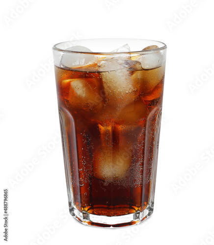 Glass of refreshing soda drink with ice cubes isolated on white © New Africa