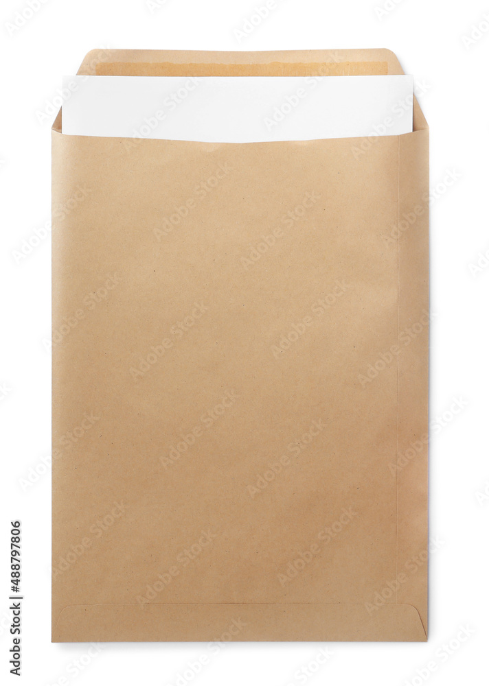Kraft envelope with sheet of paper isolated on white Kraft envelope with sheet of paper isolated on white