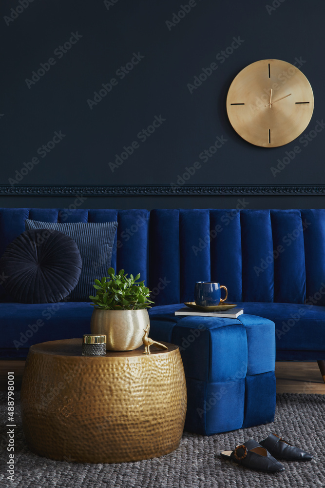 Glamour Blue Velvet Sofa Pouf