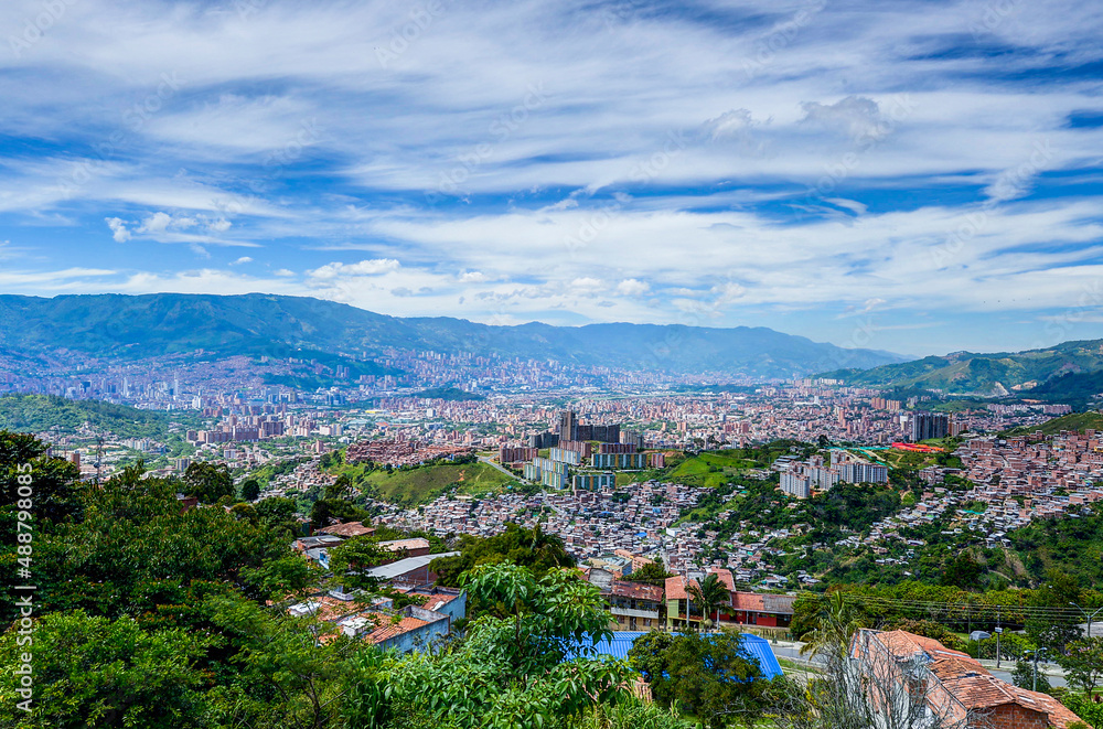 Panoramic city landscape with blue sky. Medellin, Antioquia, Colombia. 