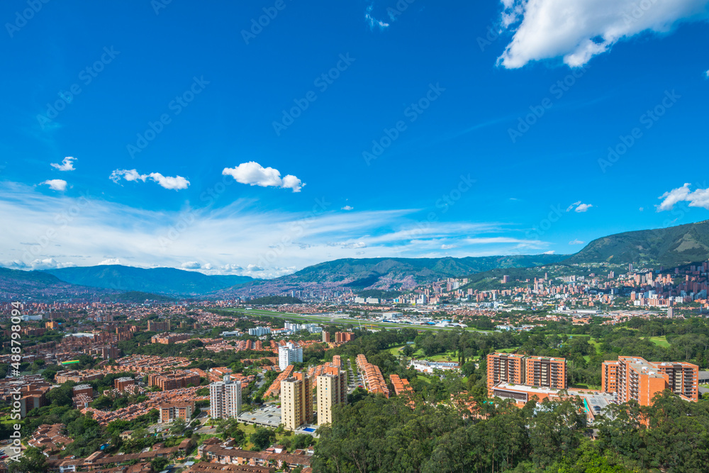 Panoramic city landscape with blue sky. Medellin, Antioquia, Colombia. 