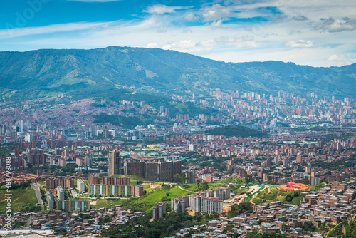 Panoramic city landscape with blue sky. Medellin  Antioquia  Colombia. 
