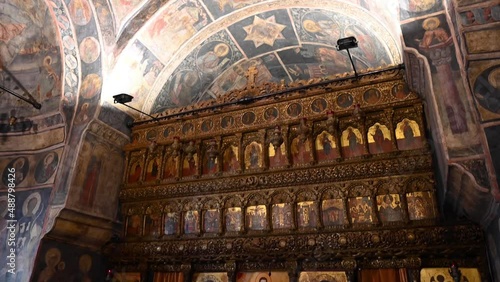 View of frescoes inside Stavropoleos Monastery Church in the center of Bucharest, Romania photo