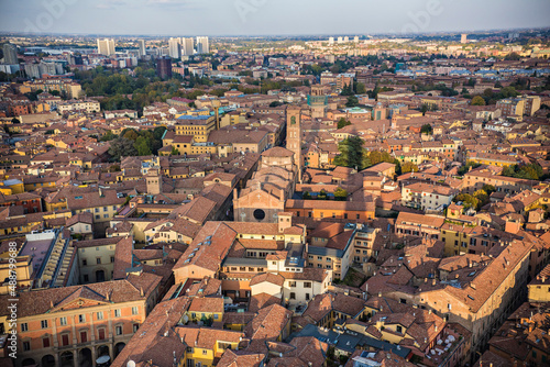 Aerial view of Bologna old town, tile roofs of bologna. Bologna view from the tower, Italy