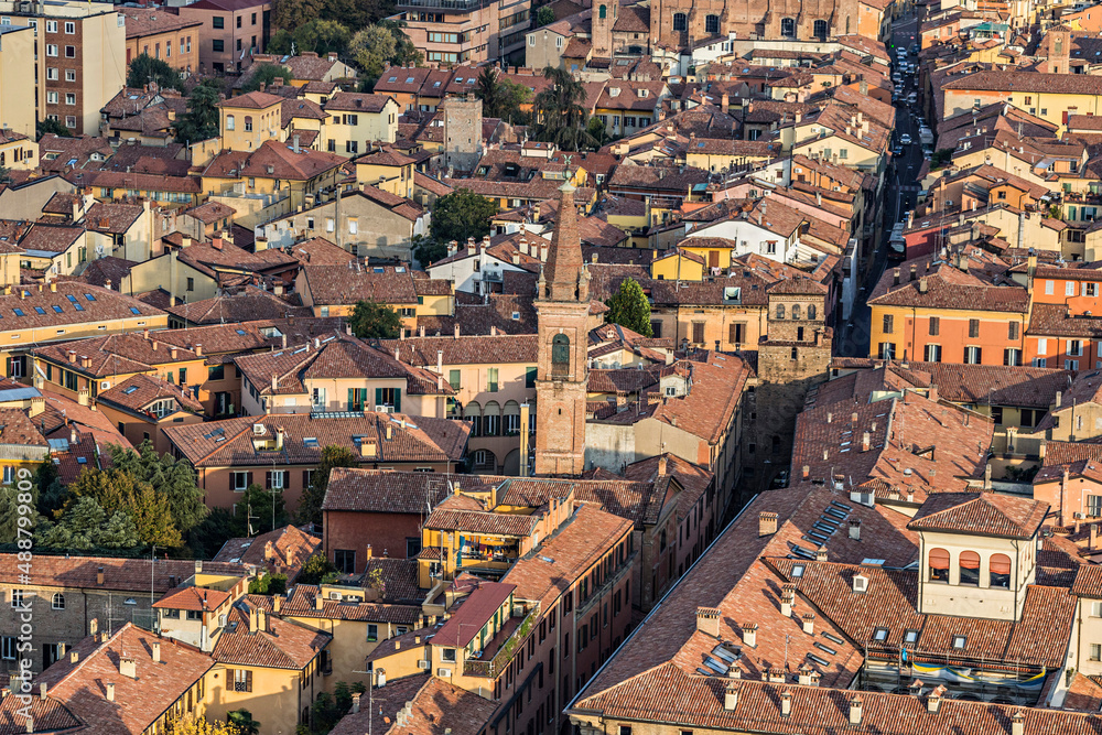 Aerial view of Bologna old town, tile roofs of bologna. Bologna view from the tower, Italy