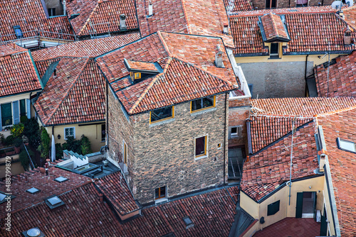 Aerial view of Bologna old town, tile roofs of bologna. Bologna view from the tower, Italy
