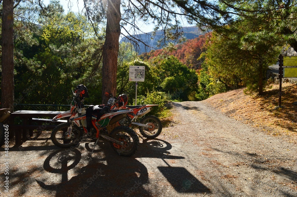 Fototapeta premium motorbikes parked next to the footpath
