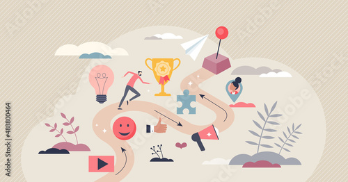 Gamification and entertainment game elements in learning process tiny person concept. Interesting and creative tool with challenge path, bonus award and final goal to motivate user vector illustration