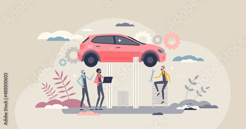 Car mechanic occupation with vehicle repair job skills tiny person concept. Professional automobile service to fix engine, tires or hood problems vector illustration. Auto maintenance and diagnostics.