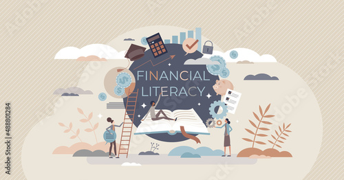 Financial literacy and education with learning from books tiny person concept. Economic knowledge and personal skills development with reading courses vector illustration. Money planning and control.