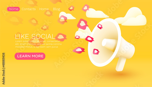 Megaphone flying out like icons, social networks for communication of people. Vector