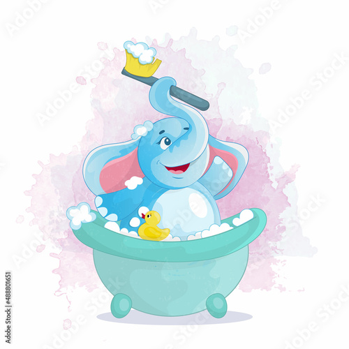 A little elephant takes a bubble bath. A happy cartoon-style character. Children's illustration.