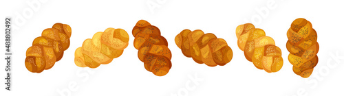 Challah vector set. Holiday jewish braided loaf icons, cartoon shabbat bread isolated on white background. Food illustration