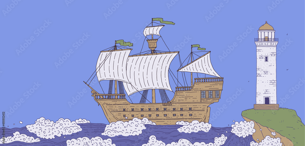 Ship sailboat and lighthouse on rock among stormy sea waves. Landscape with signal tower searchlight and water for banner design. Vector line doodle illustration.