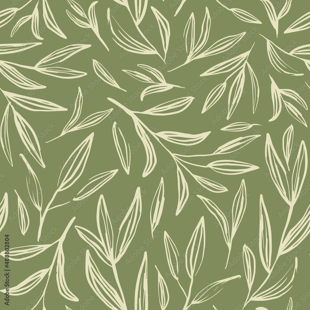 Sage green botanical leaves seamless repeat pattern. Random placed, vector hand drawn olive branches all over surface print.