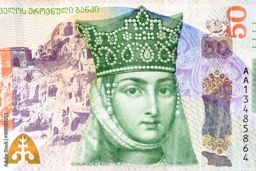 Portrait of Georgian Queen Tamar on 50 Georgian lari banknote.