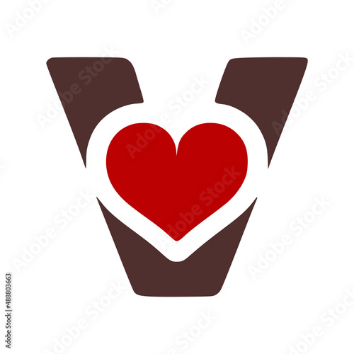 Letter v with heart symbol doodle icon