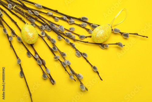 Willow branches and painted Easter eggs on yellow background