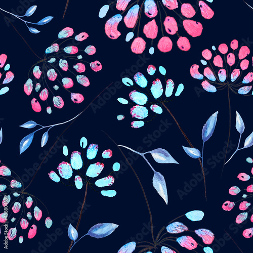 Abstract flowers seamless pattern, floral background. Fantasy bright spring flowers on a dark blue backdrop. For the design of the fabric, wallpaper, wrapper, prints, decoration