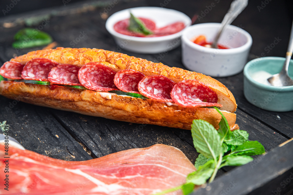 sandwich sausage salami slice fast food fresh meal food snack on the table copy space food background sandwich sausage salami slice fast food fresh meal food snack on the table copy space food background
