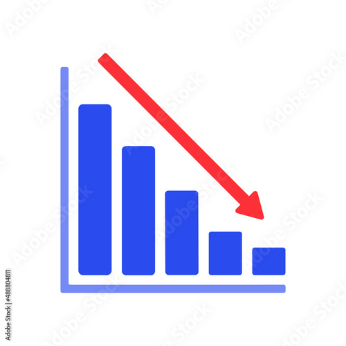 右肩下がりの赤い矢印と青い棒グラフ - 減少・下落・業績悪化のイメージ素材
