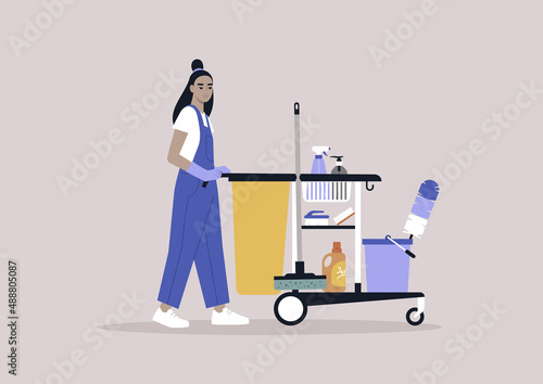 A young female Asian character in a uniform rolling a hotel cleaning service cart