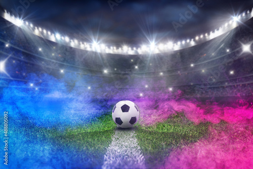 textured soccer game field with neon fog - center  midfield