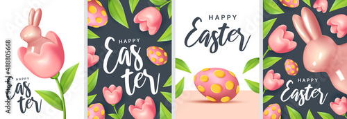 Easter vertical cards. Set of greeting posters, holiday covers, flyers design.Modern minimal design with eggs and  rabbits for social media, sale, advertisement, web.