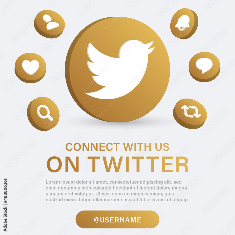 follow us on twitter in 3d logo with social media notification icons