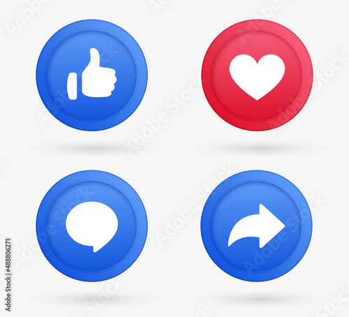 3d social media notification icons, Like love comment share buttons in 3d modern style, Thumb up and heart icon. like, forward, comment repost icon	

