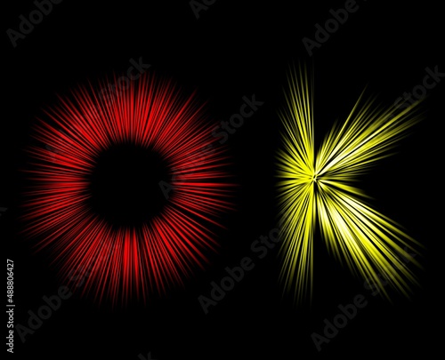 Abstract radial zoom blur surface in red and yellow tones on a black background. Colored letters with radial  diverging  converging lines in the shape of the word ok.