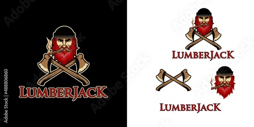 lumberjack skull with mustache and beard mascot logo. man face head with ax illustration vector